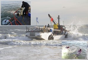 Thumbail image for Figure 2, An amphibious water craft Lighter Amphibious Resupply Cargo (LARC) used as a dive platform (center). USGS divers deploying (upper left) and retrieving (lower right) instruments.