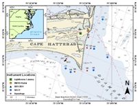 Thumbail image for Figure 1, Location map for Cape Hatteras, NC. Markers are placed to identify locations of  moorings, WERA radar and camera system.