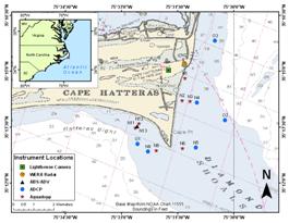 Location map for Cape Hatteras, NC. Markers are placed to identify locations of  moorings, WERA radar and camera system.
