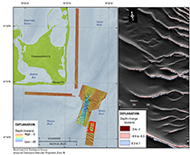 Map showing shaded-relief bathymetry collected within the vicinity of Muskeget Channel, Massachusetts, during a survey conducted in October 2010. Inset map is showing the change in bathymetry for a select area between Survey 1 in October 2010 and Survey 2 in November 2010. Pink and red tones indicate erosion and blue tones indicate deposition. Gray areas (hillshaded) are within ±30 centimeters and below instrument accuracy. Bedform migration is between 10 and 15 meters within the inset area, and net sediment transport is to the south. Is., Island; Pt., Point.