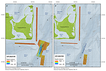 Map showing shaded-relief bathymetry collected within the vicinity of Muskeget Channel, Massachusetts. Two separate surveys were conducted so that morphologic changes could be assessed within an area of large bedforms and along potential cable routes. Data from A, Survey 1 were collected in October 2010 and B, Survey 2 were collected in November 2010. Coloring represents depth in meters relative to mean lower low water. Is., Island; Pt., Point.