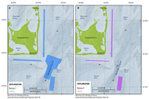 Map showing tracklines along which bathymetric depth data were collected surrounding Muskeget Channel, Massachusetts. Two separate surveys were conducted so that morphologic changes could be assessed within an area of large bedforms and along potential cable routes. Data from A, Survey 1 were collected in October 2010 and B, Survey 2 were collected in November 2010. Is., Island; Pt., Point.
