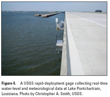 Pictures: A USGS rapid-deployment gage collecting real-time water-level and meteorological data at Lake Pontchartrain, Louisiana.