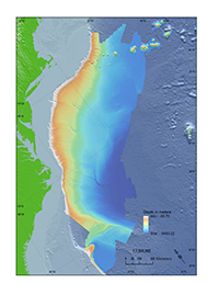 Thumbail image for Figure 1 and link to full-sized figure. Map showing the location of the Atlantic margin seaward of the U.S. Atlantic coast showing the extent of the bathymetric terrain model published in this report