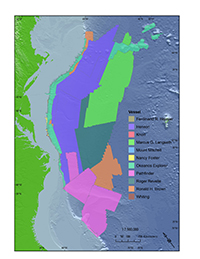 Thumbail image for Figure 3, and link to full-sized figure. Map showing the source surveys (color coded by survey vessel) used to compile the final bathymetric terrain model and published as an Esri shapefile in this report.