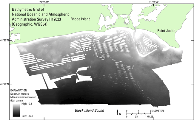 Thumbnail image showing the 2-m gridded bathymetry collected during NOAA survey H12023 in geographic, WGS84