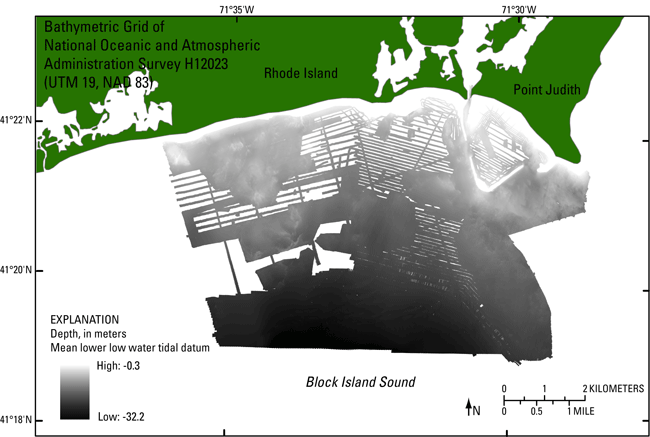 Thumbnail image showing the 2-m gridded bathymetry collected during NOAA survey H12023 in UTM Zone 19, NAD83