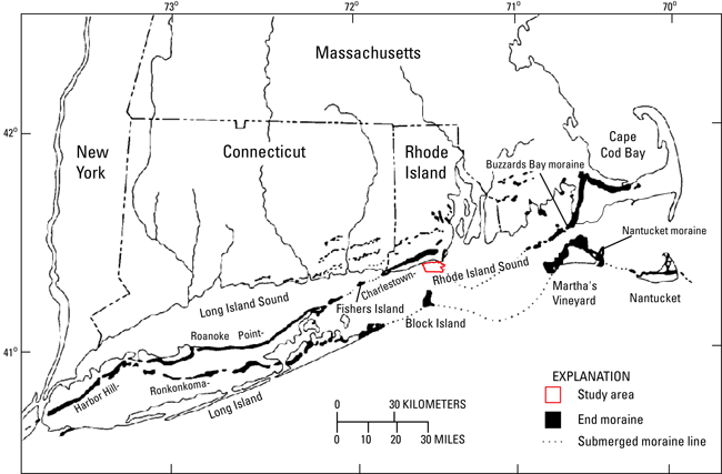 Figure 2. A map showing end moraines in southern New York and New England.