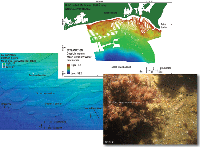 Images of multibeam bathymetry and bottom photograph from the study area in Block Island Sound