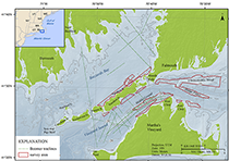 Map showing the locations of the bathymetric survey areas (2011–013–FA, 2007–039–FA, and 2009–068–FA) around the eastern Elizabeth Islands and Martha's Vineyard, Massachusetts (outlined in red), and boomer tracklines from surveys 2010–100–FA and 2010–047–FA shown as dashed lines in Vineyard Sound and Buzzards Bay. Is., Island; UTM, Universal Transverse Mercator. 