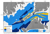 Map showing bathymetric survey areas (2011–013–FA, 2007–039–FA, and 2009–068–FA) discussed in this report along with areas of other U.S. Geological Survey (USGS) and National Oceanic and Atmospheric Administration (NOAA) surveys in Buzzards Bay and Vineyard Sound, Massachusetts. Areas surveyed in this study are shown in yellow. This small-boat survey was completed to fill gaps in the shallow-water areas around the eastern Elizabeth Islands and Martha's Vineyard, Massachusetts. Is., Island. See the “additional sample and geophysical data” section under “Data Collection and Processing” for more information regarding the other USGS and NOAA surveys shown in this map.