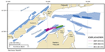 Map showing tracklines along which bathymetric depth data were collected in Buzzards Bay and Vineyard Sound, Massachusetts. Tracklines are color-coded by U.S. Geological Survey (USGS) field activity serial number. Is., Island.
