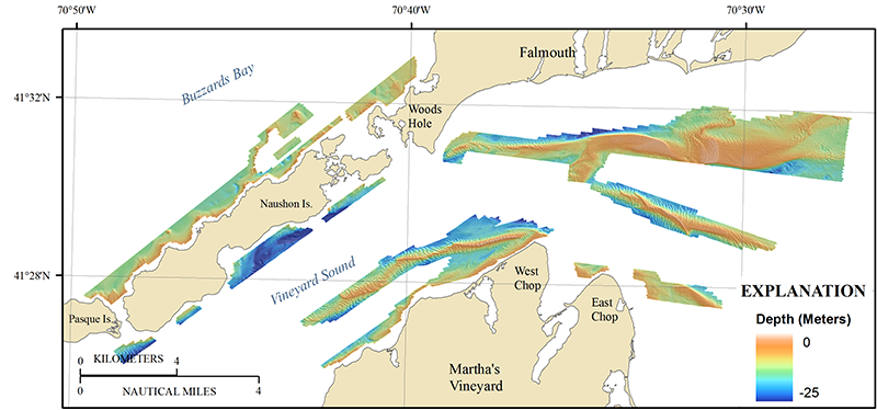 Figure 5 . Map showing the interpolated shaded-relief bathymetry of the seafloor surrounding the western Elizabeth Islands. Coloring and bathymetric contours represent depths in meters, relative to Mean Lower Low Water (MLLW). 