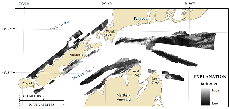Figure 7 .Map showing acoustic-backscatter intensity collected in Buzzards Bay and Vineyard Sound, Massachusetts. 
