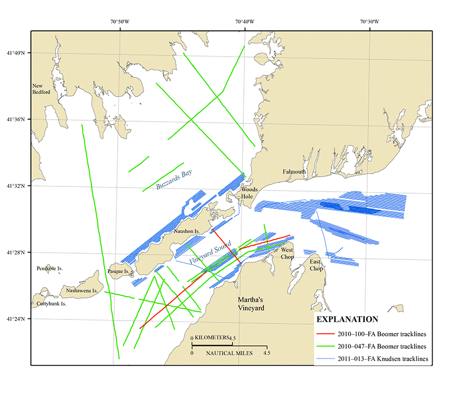 Figure 8. Map showing Knudsen and Boomer seismic reflection tracklines collected in Buzzards Bay and Vineyard Sound, Massachusetts