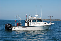 Photograph showing the configuration of acquisition equipment on the U.S. Geological Survey research vessel Rafael. The real-time kinematic (RTK) global positioning system (GPS) antennae and the swath interferometric-sonar head are located off the bow, and the Klein 3000 sonar system and the Knudsen chirp bottom profiler are deployed from the port and starboard sides, respectively. Photograph by David Foster.