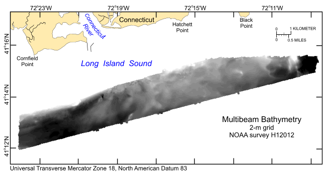 Thumbnail image showing the 2-m gridded multibeam bathymetry collected during NOAA survey H12012 in UTM Zone 18, NAD83