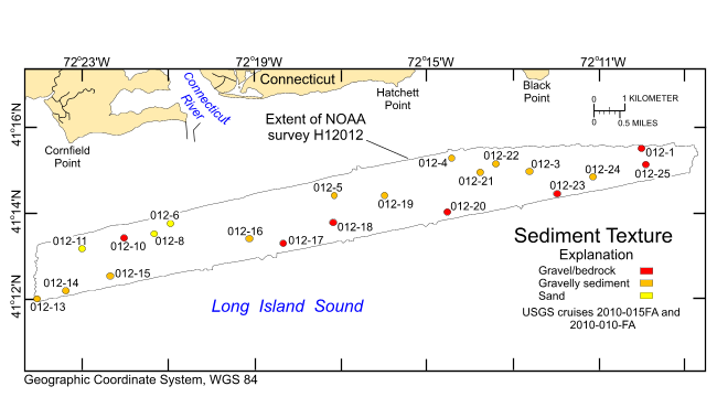 Thumbnail image showing the locations of sediment data and lithologic descriptions collected during USGS cruises 2010-015-FA and 2010-010-FA offshore in northeastern Long Island Sound