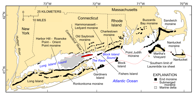 Figure 2. A map showing location of end moraines in New York and New England.