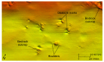 Thumbnail image of figure 15 and link to larger figure. Detailed bathymetric image of bedrock outcrops.