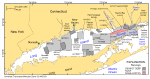 Thumbnail image of figure 1 and link to larger figure. A map of the location of bathymetric surveys completed in Long Island Sound.