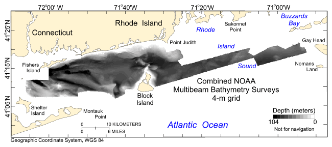 Thumbnail image showing the combined 4-m gridded multibeam bathymetry collected during NOAA surveys H11922, H11995, H11996, H12009, H12010, H12011, H12015, H12023, H12033, H12137, H12139, H12296, H12298, and H12299 offshore in Rhode Island and Block Island Sounds in geographic, WGS 84 coordinates.