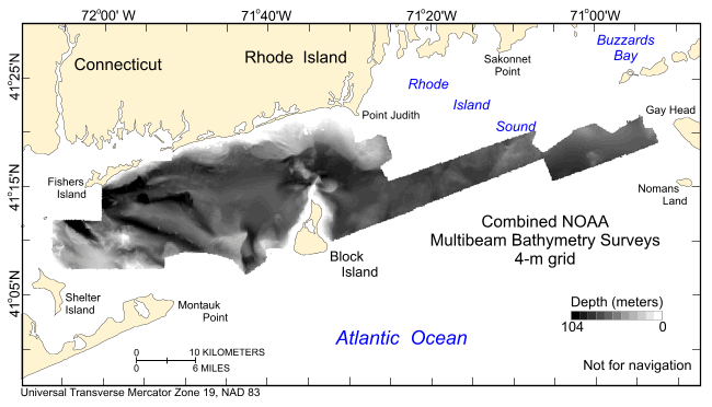 Thumbnail image showing the combined 4-m gridded multibeam bathymetry collected during NOAA surveys H12009, H12010, H12011, H12015, H12023, H12033, H12137, H12139, H12296, H12298, and H12299 offshore in Rhode Island and Block Island Sounds in UTM Zone 19, NAD83