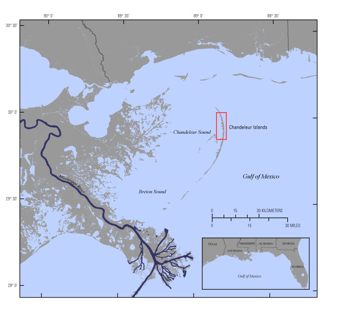 Map showing geographical location of the Chandeleur Islands, Louisiana study site in relation to the Alabama and Louisiana mainland