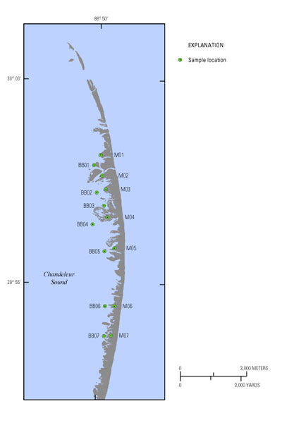 Image displaying sampling sites on the Chandeleur Islands
