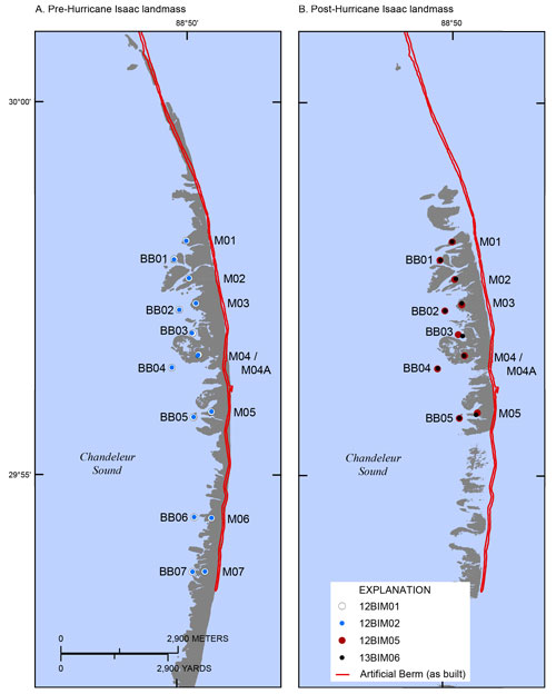 A set of two maps showing the labeled core locations, location of the artificial sand berm and the shoreline extent derived from USGS lidar before and after Hurricane Isaac