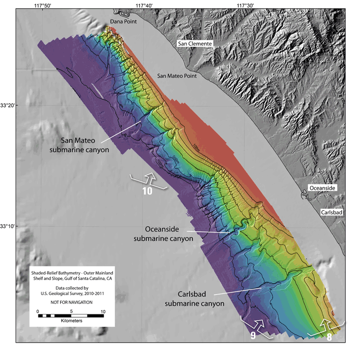 colored shaded-relief bathymetry; see caption below.