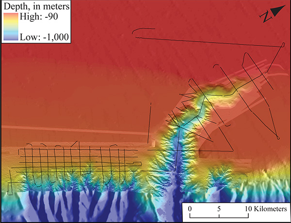 tracklines of seismic reflection data obtained in baltimore canyon