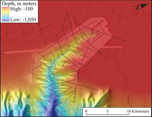 tracklines of seismic reflection data obtained in washington canyon