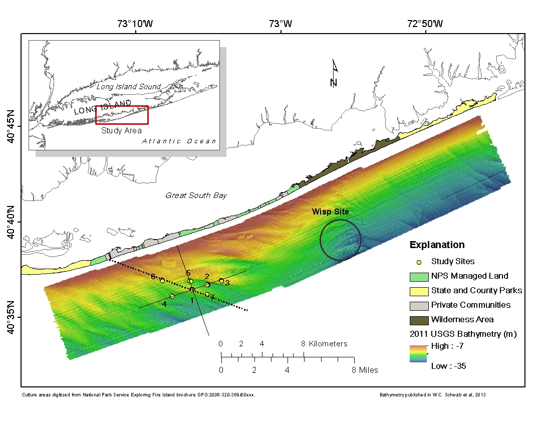 Figure 1, image of the U.S. Geological Survey (USGS) study sites off Fire Island, New York, positioned both along the ridge crest and across the crests and troughs of the ridge system. Bathymetry (bathy) is shown in meters (m). National Park Service Managed Land (NPS), State and County Parks, Private Communities and Wilderness Areas are marked.