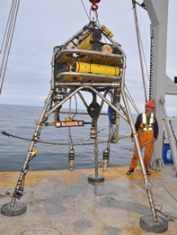 Thumbail image for Figure 2,A high-resolution flow tripod (Flobee) holding instrumentation to measure flow and sediment resuspension, and link to full-sized figure.