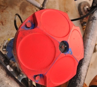 Thumbail image for Figure 6, An acoustic Doppler current profiler (ADCP). Sensors are covered in cayenne antifouling paste. Photograph by Sandy Baldwin.