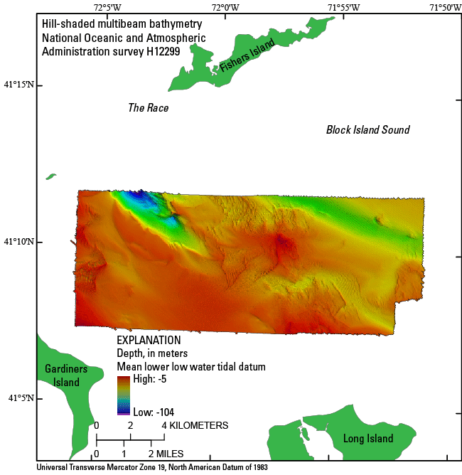 Thumbnail image of the GeoTIFF showing the 2-m color hill-shaded bathymetry collected during NOAA survey H12299 in UTM Zone 19, NAD 83.