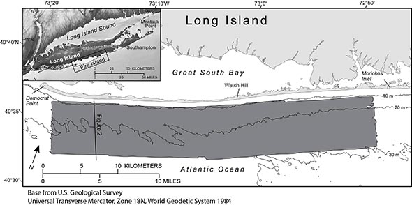 Thumbnail image for Figure 1, location map of survey offshore of Fire Island, New York and link to larger image.
