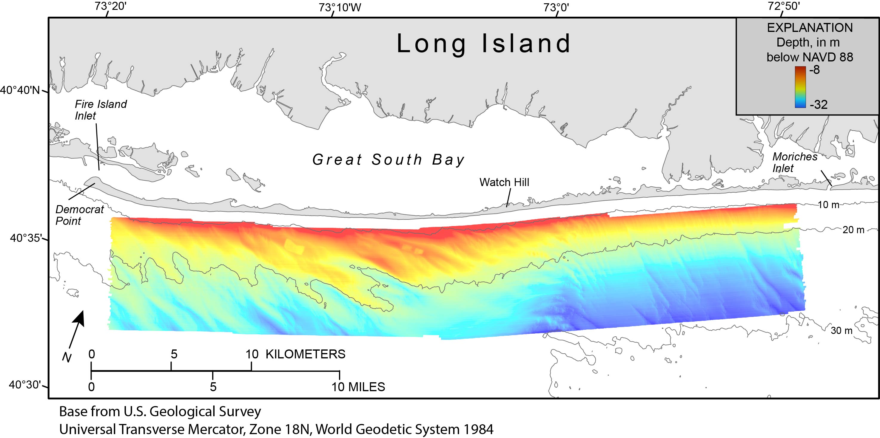 Map showing swath bathymetry offshore of Fire Island, New York.