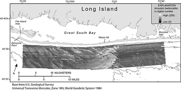 Map showing acoustic backscatter collected offshore of Fire Island, New York.