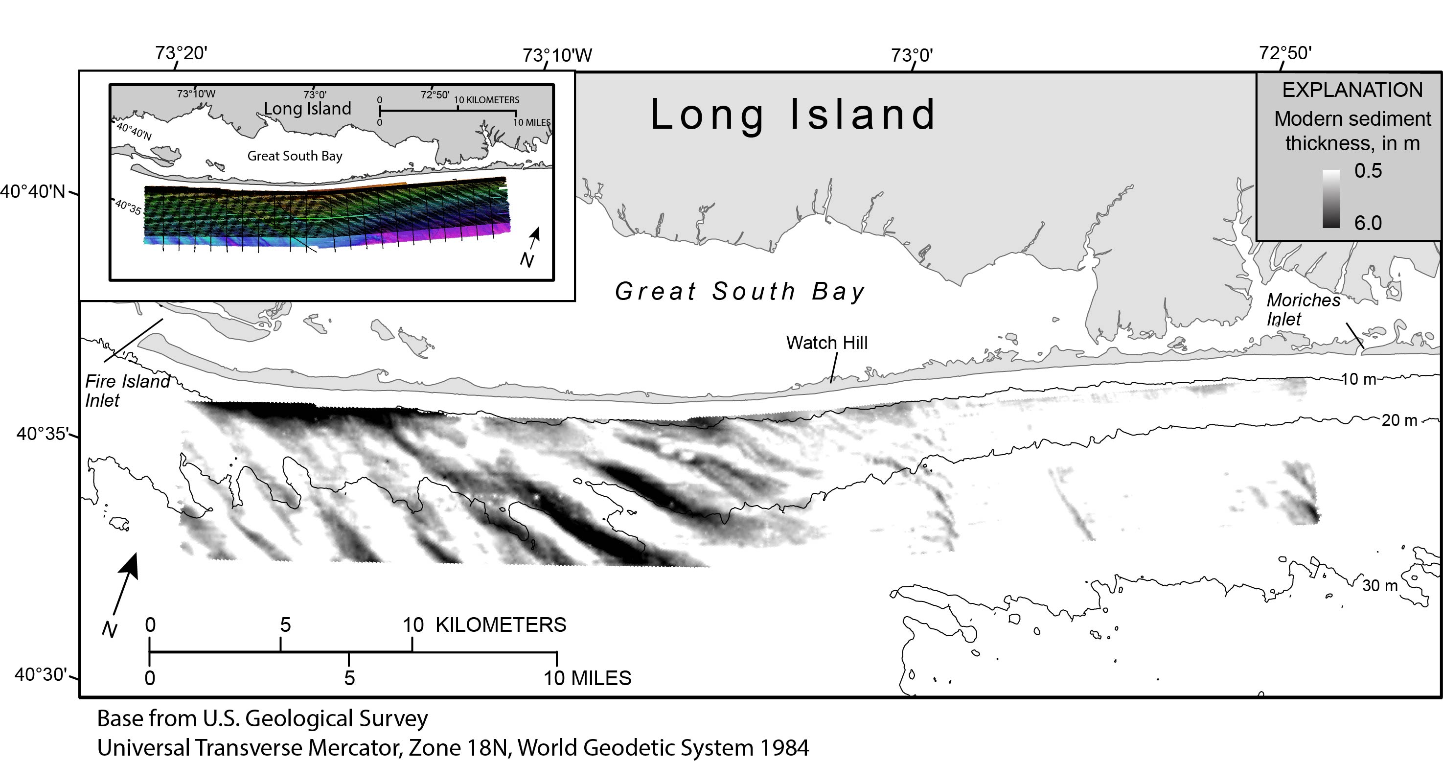 Map showing modern sediment thickness offshore of Fire Island, New York.