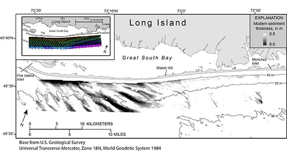 Image showing modern sediment thickness mapped offshore of Fire Island, New York.