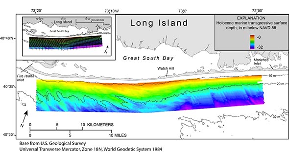 Map showing the Holocene marine transgressive surface mapped offshore of Fire Island, New York.