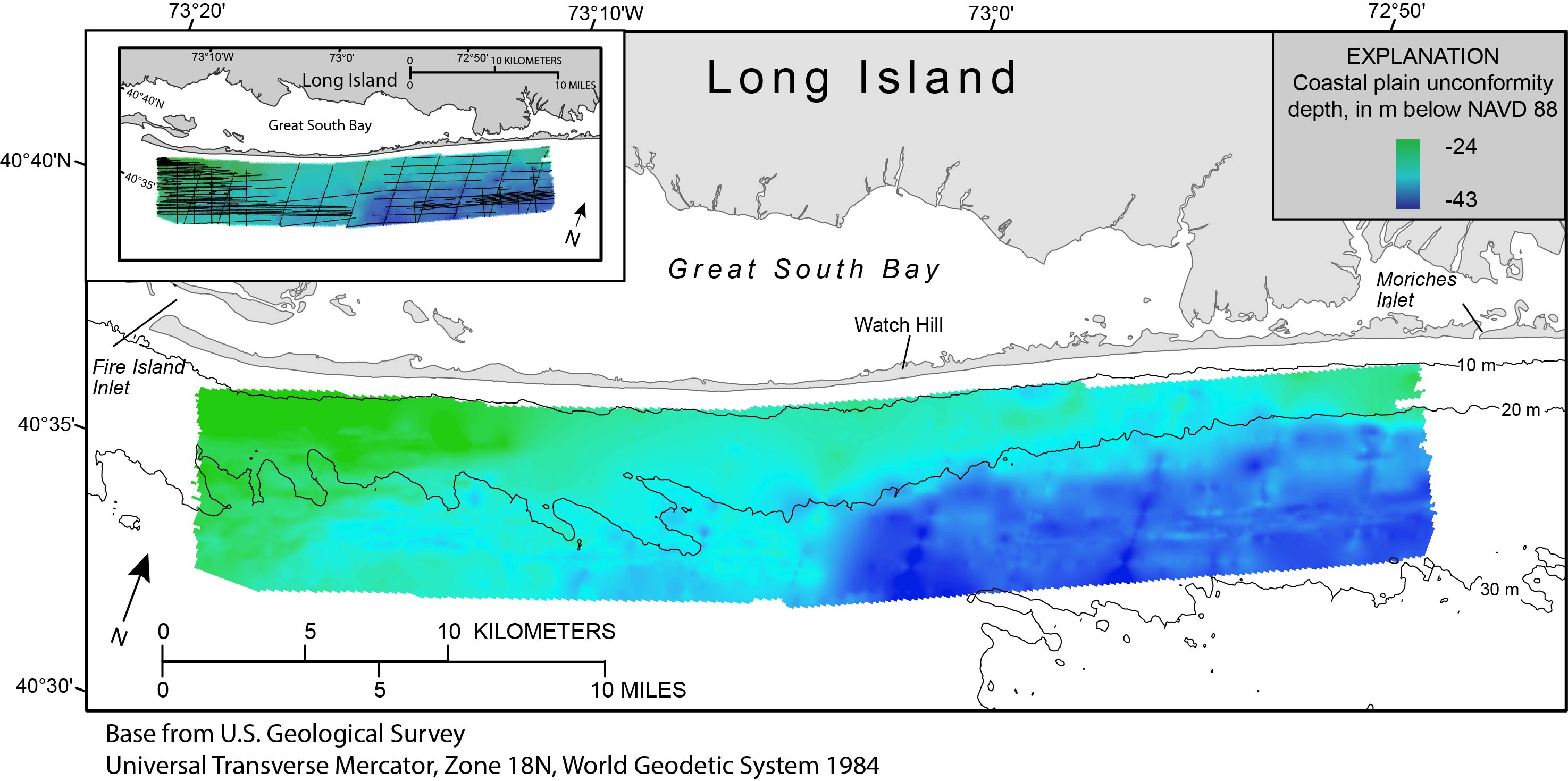 Map showing the coastal plain unconformity mapped offshore of Fire Island, New York.