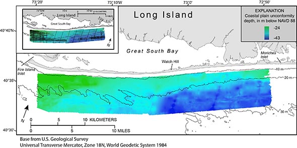 Map showing the coastal plain unconformity offshore of Fire Island, New York.
