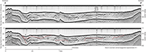 Thumbnail image for Figure 11, chirp seismic-reflection profile B with seismic stratigraphic interpretation and link to larger image.