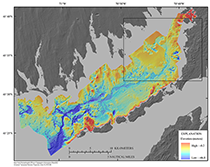Thumbnail image for Figure 14, map showing the elevation of the late Wisconsinan regressive unconformity Ur, which identifies the eroded surface of Pleistocene glacial drift beneath Buzzards Bay and link to larger image.