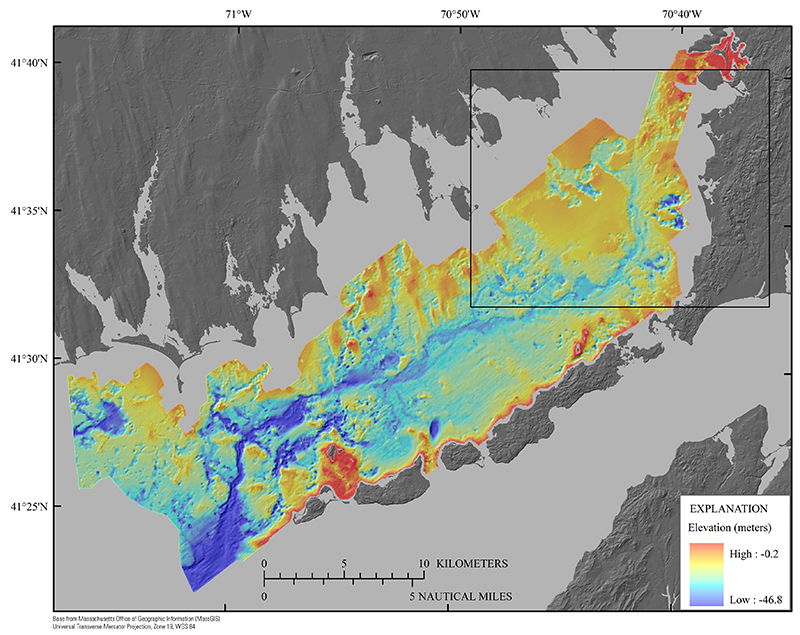 Map showing the elevation (referenced to the North American Vertical Datum of 1988) of the late Wisconsinan regressive unconformity Ur, which identifies the eroded surface of Pleistocene glacial drift beneath Buzzards Bay.