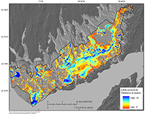 Thumbnail image for Figure 15, Map showing the thickness of postglacial fluvial and estuarine (Qfe) and nearshore marine (Qmn) sediments beneath Buzzards Bay and link to larger image.