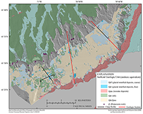 Thumbnail image for Figure 16, map showing the surficial geology of Buzzards Bay with equivalent onshore glacial surficial geology and link to larger image.